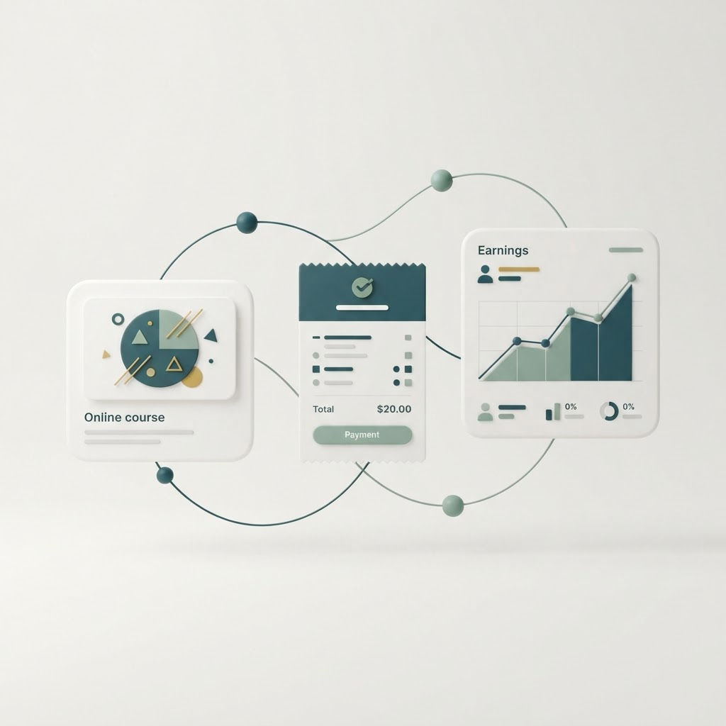 Abstract visualization of an online course, payments, and creator payouts managed on one platform